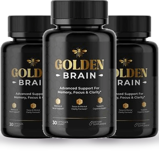 Three bottles of Golden Brain focus and clarity support capsules