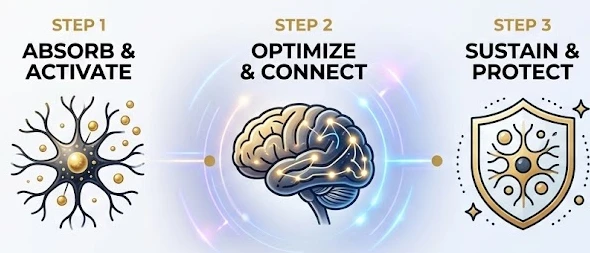 Golden Brain three-step framework: Absorb and Activate, Optimize and Connect, Sustain and Protect