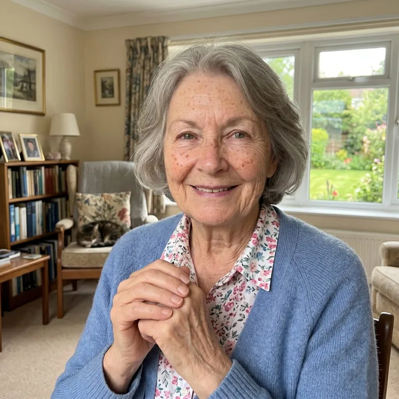 Older woman smiling in a bright living room