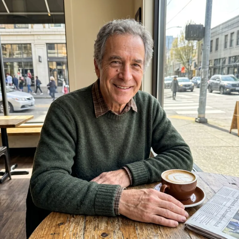 Man smiling at a cafe table with a coffee